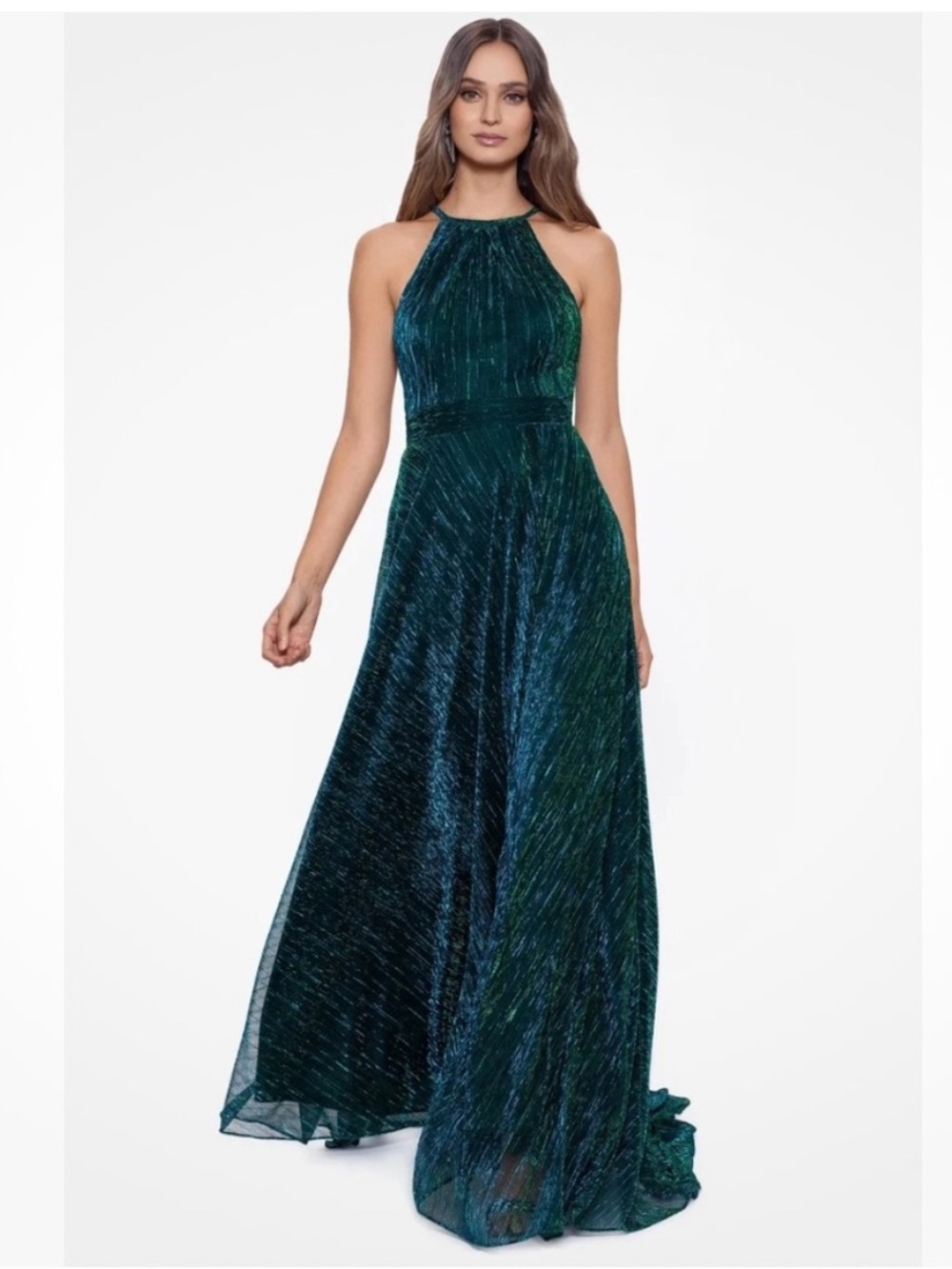 Betsy & Adam Mila Metallic Halter Dress with Pockets Size 4P Jade Evening Formal